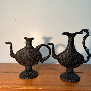 Set Of 2 Unique Black Cast Iron Teapot Free Standing Moroccan Style Decor